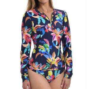 La Blanca Paradise Long Sleeve Half Zip Rashguard Floral Beach Wear Top Size L